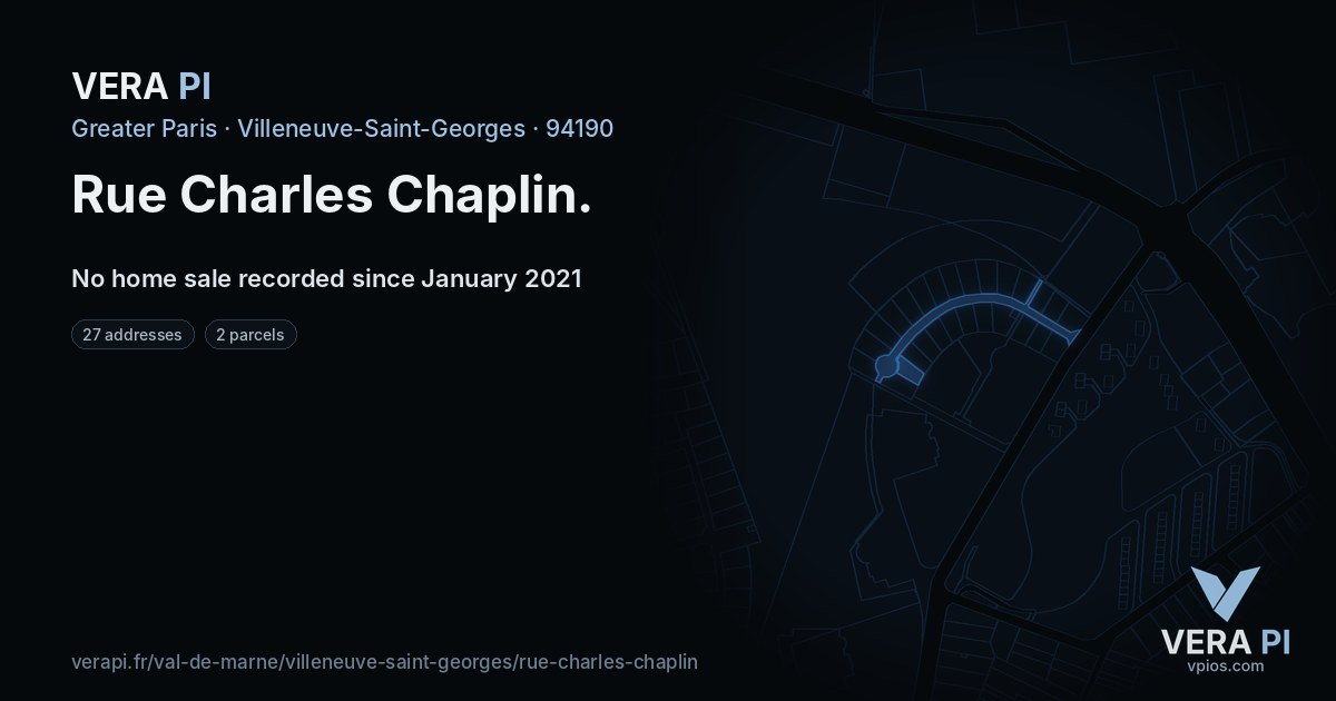Rue Charles Chaplin, Villeneuve-Saint-Georges at night – every parcel coloured by the prices around it, the street's own parcels lit