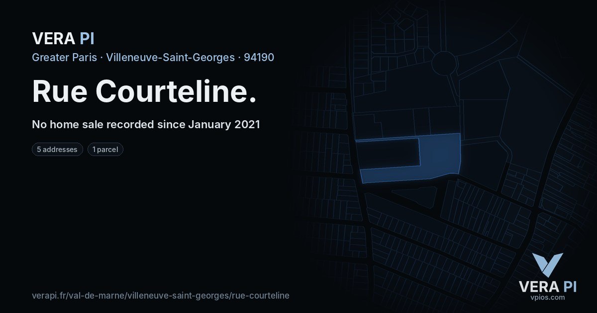 Rue Courteline, Villeneuve-Saint-Georges at night – every parcel coloured by the prices around it, the street's own parcels lit