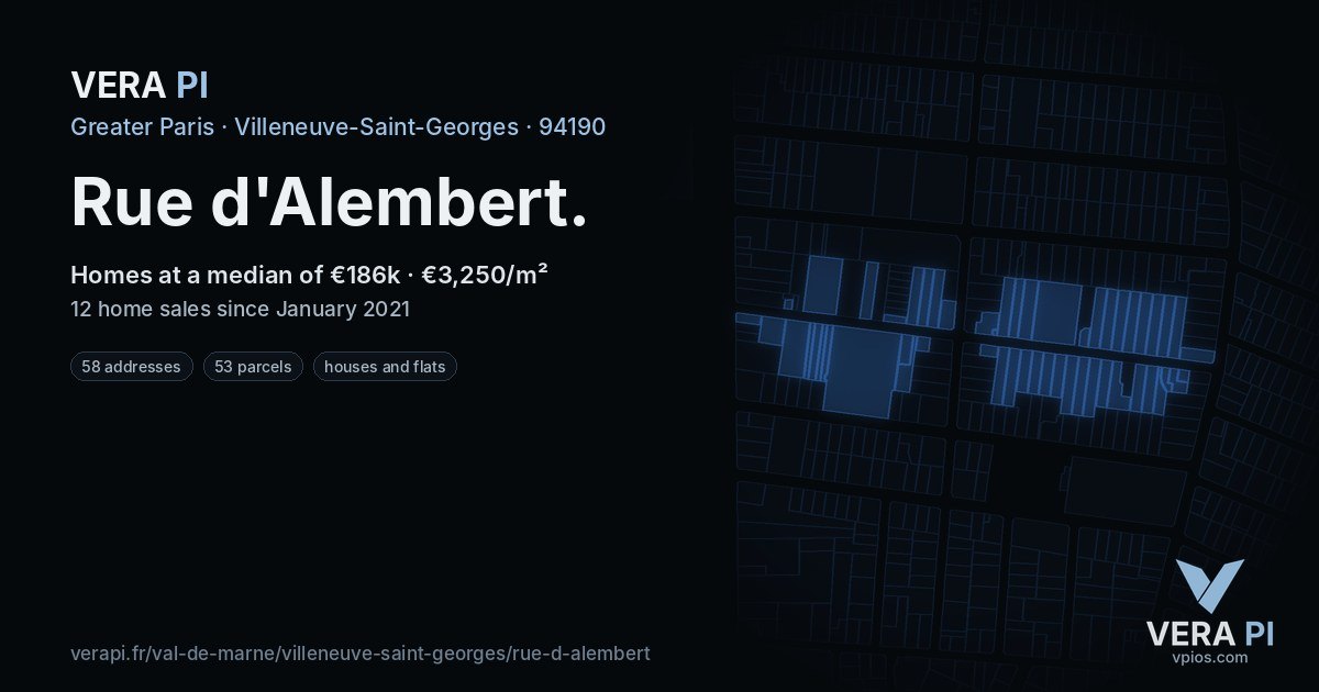 Rue d'Alembert, Villeneuve-Saint-Georges at night – every parcel coloured by the prices around it, the street's own parcels lit