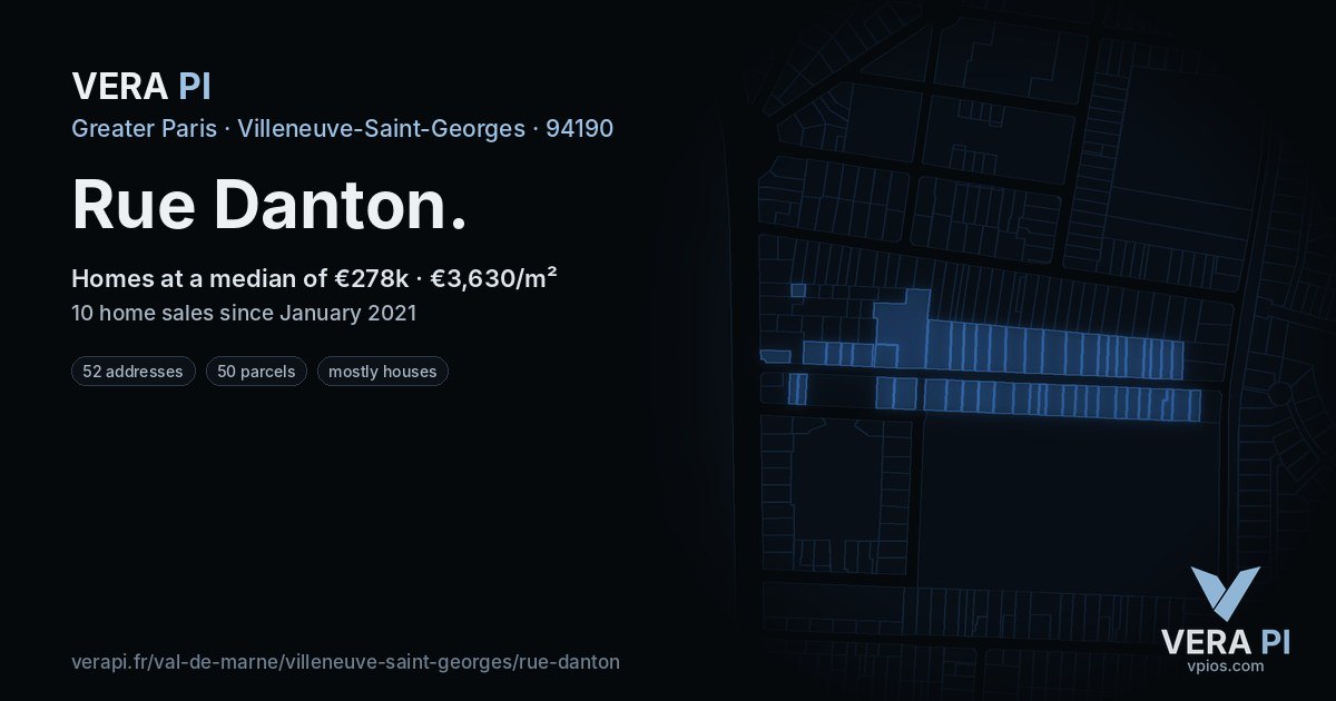 Rue Danton, Villeneuve-Saint-Georges at night – every parcel coloured by the prices around it, the street's own parcels lit