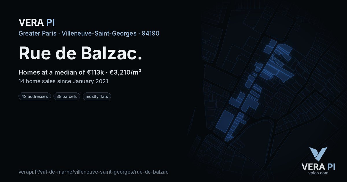 Rue de Balzac, Villeneuve-Saint-Georges at night – every parcel coloured by the prices around it, the street's own parcels lit