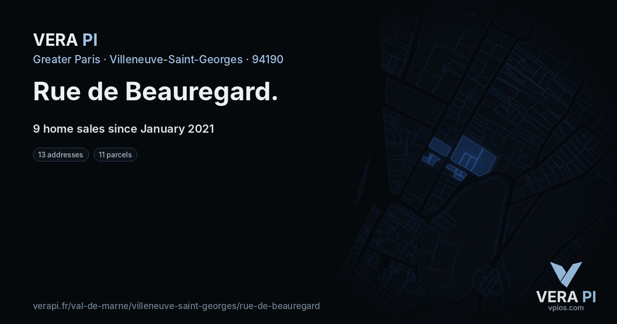 Rue de Beauregard, Villeneuve-Saint-Georges at night – every parcel coloured by the prices around it, the street's own parcels lit