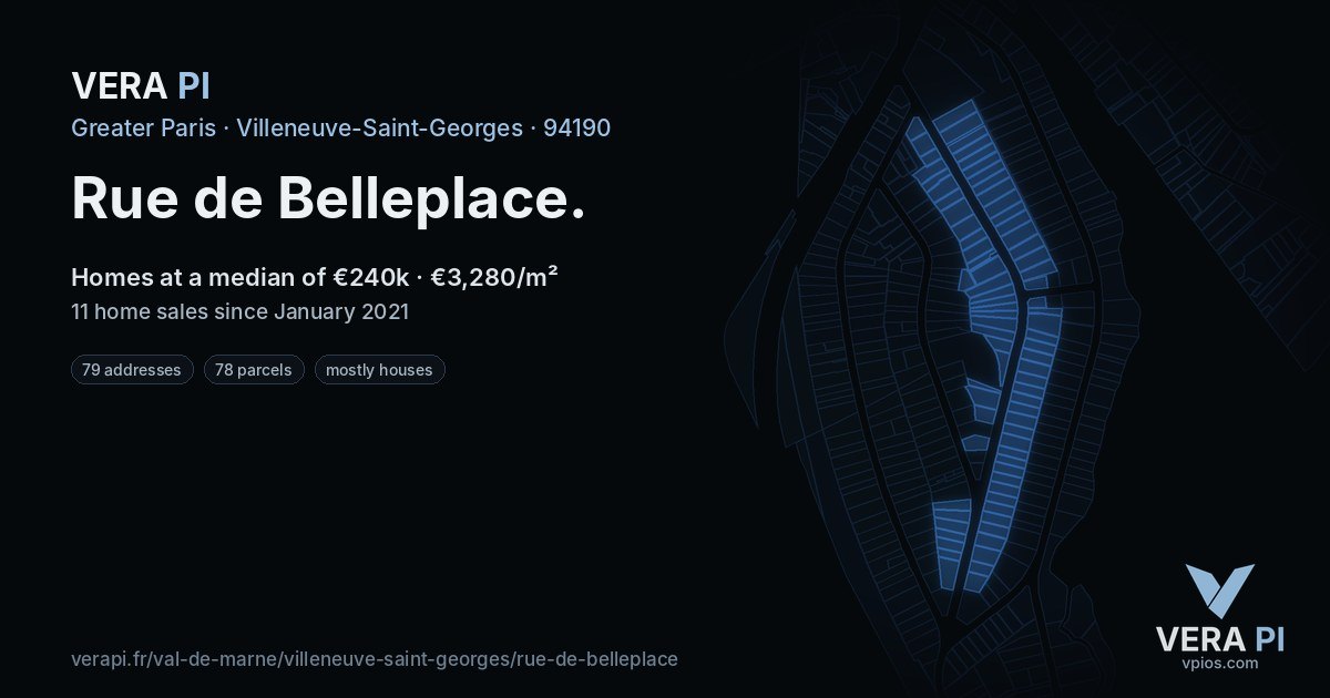 Rue de Belleplace, Villeneuve-Saint-Georges at night – every parcel coloured by the prices around it, the street's own parcels lit
