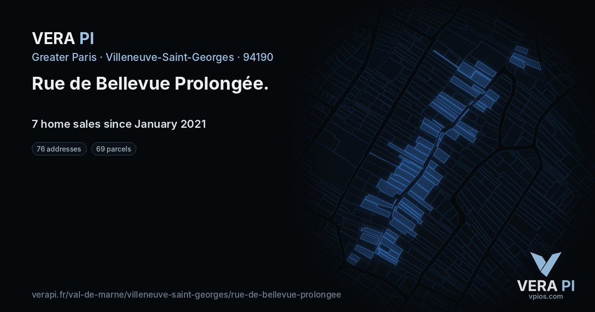 Rue de Bellevue Prolongée, Villeneuve-Saint-Georges at night – every parcel coloured by the prices around it, the street's own parcels lit