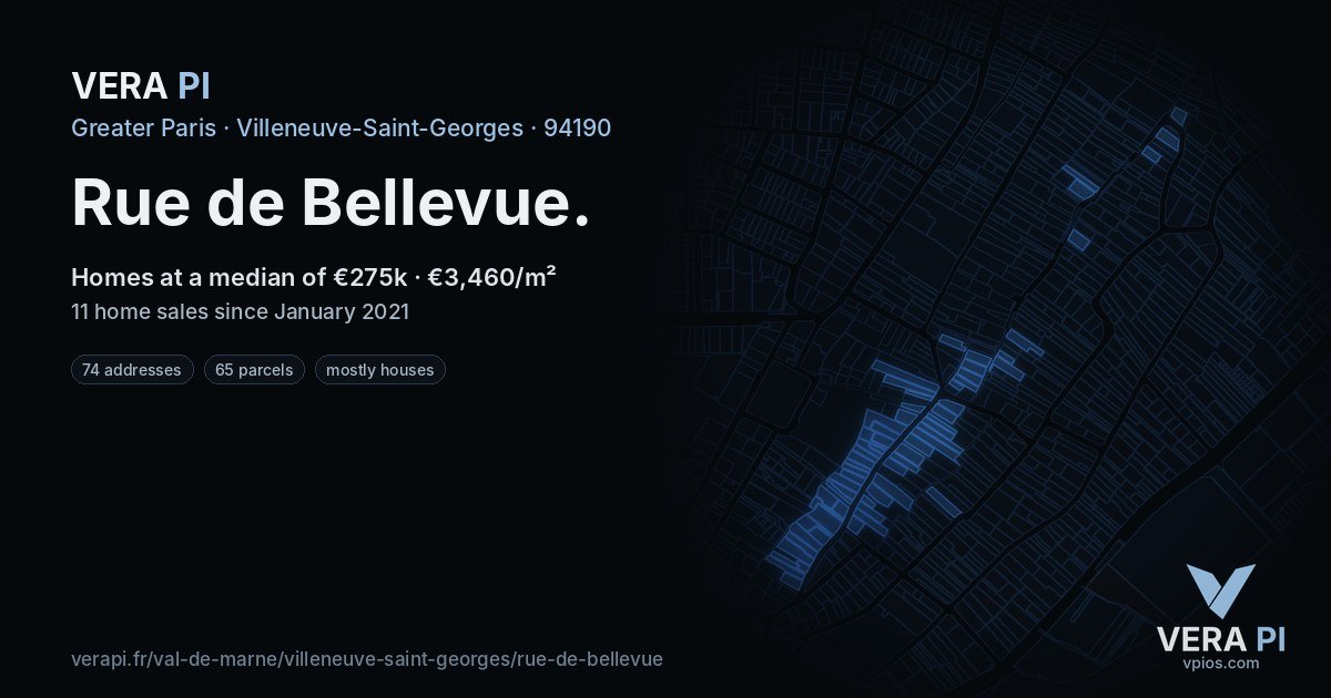 Rue de Bellevue, Villeneuve-Saint-Georges at night – every parcel coloured by the prices around it, the street's own parcels lit