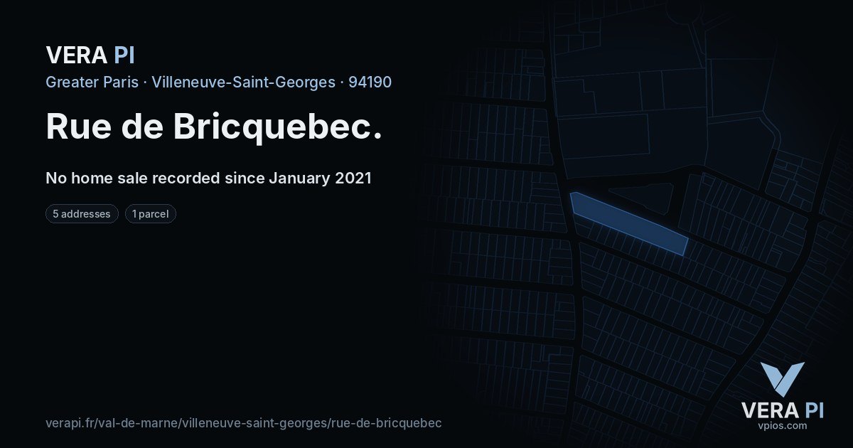 Rue de Bricquebec, Villeneuve-Saint-Georges at night – every parcel coloured by the prices around it, the street's own parcels lit