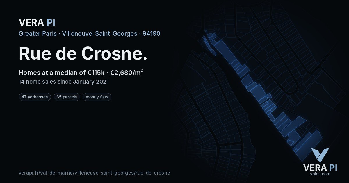 Rue de Crosne, Villeneuve-Saint-Georges at night – every parcel coloured by the prices around it, the street's own parcels lit