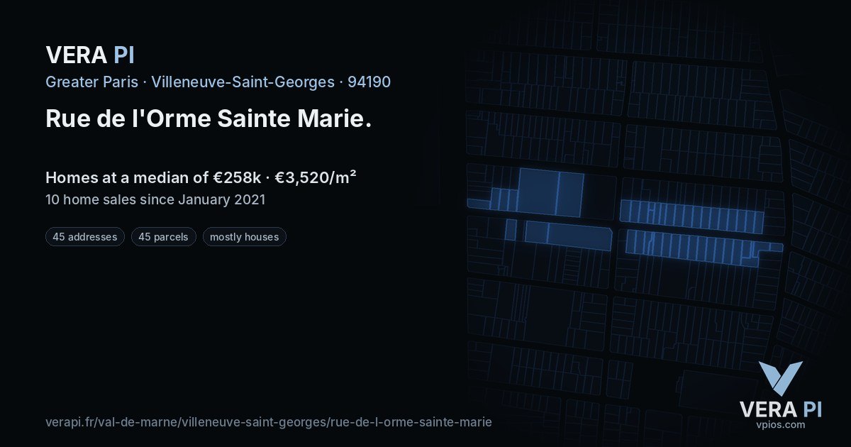 Rue de l'Orme Sainte Marie, Villeneuve-Saint-Georges at night – every parcel coloured by the prices around it, the street's own parcels lit