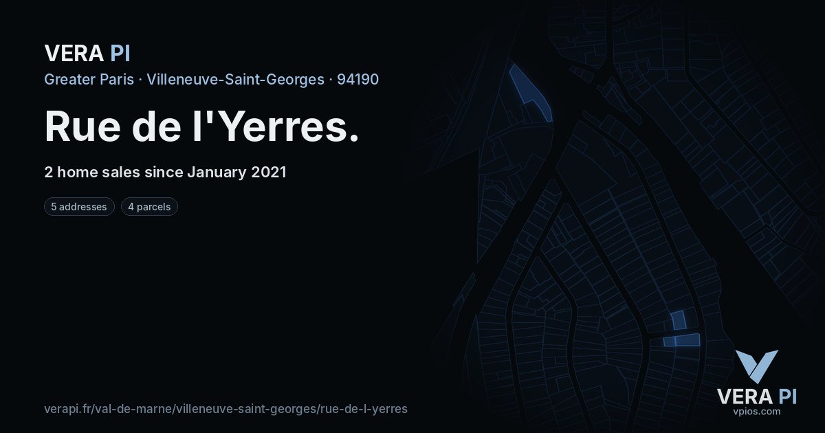 Rue de l'Yerres, Villeneuve-Saint-Georges at night – every parcel coloured by the prices around it, the street's own parcels lit