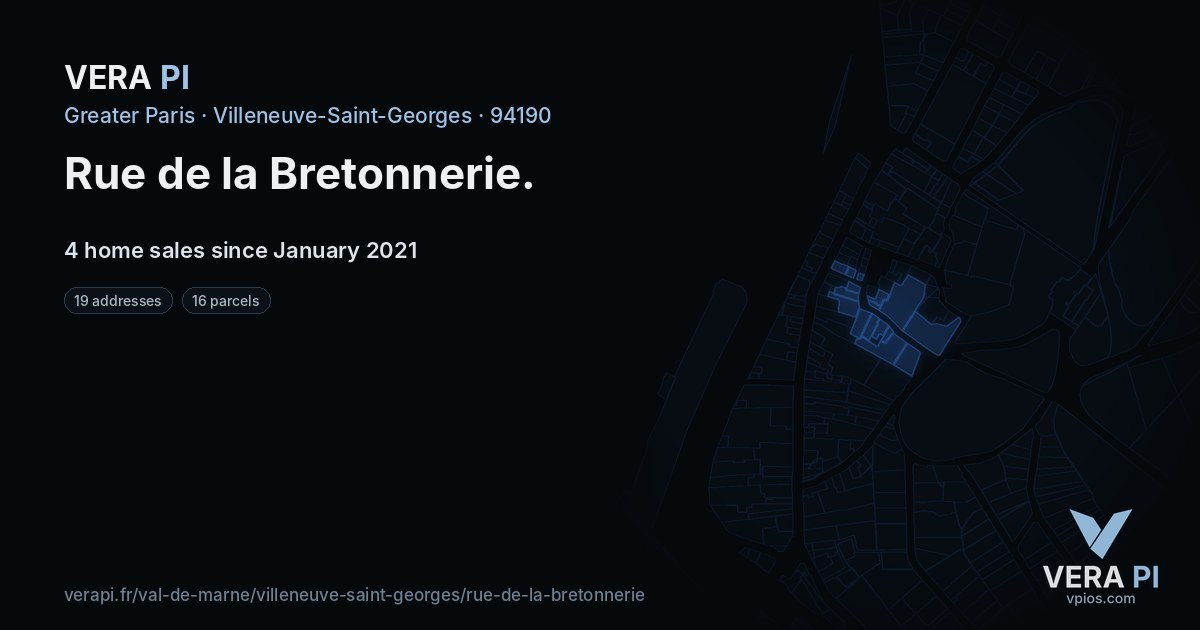 Rue de la Bretonnerie, Villeneuve-Saint-Georges at night – every parcel coloured by the prices around it, the street's own parcels lit