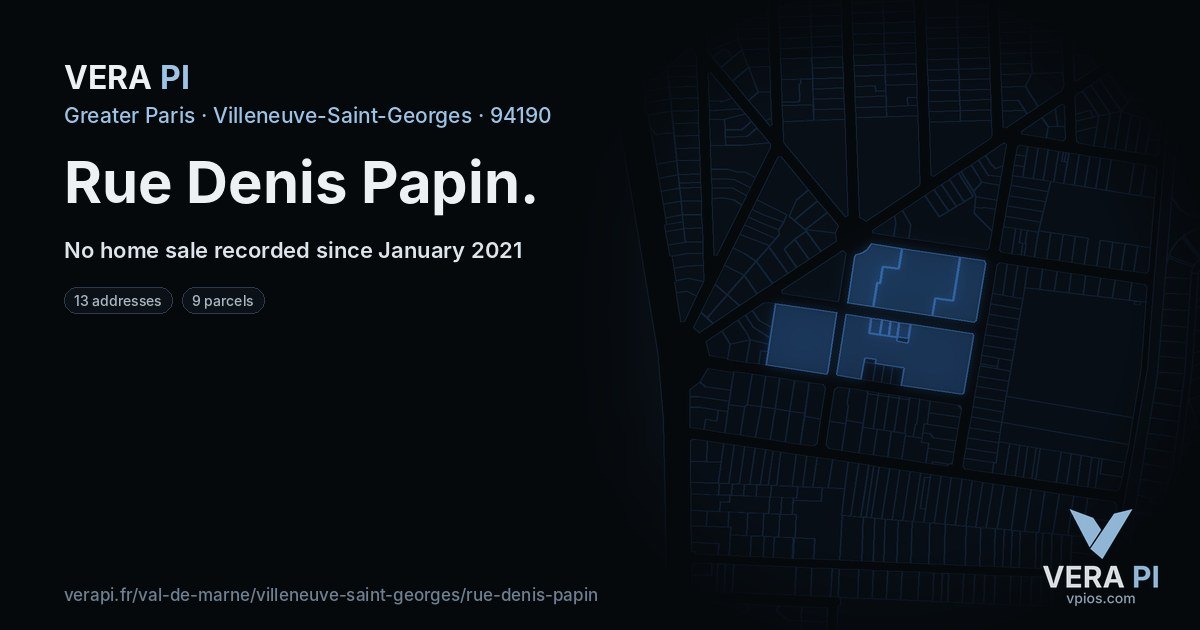 Rue Denis Papin, Villeneuve-Saint-Georges at night – every parcel coloured by the prices around it, the street's own parcels lit