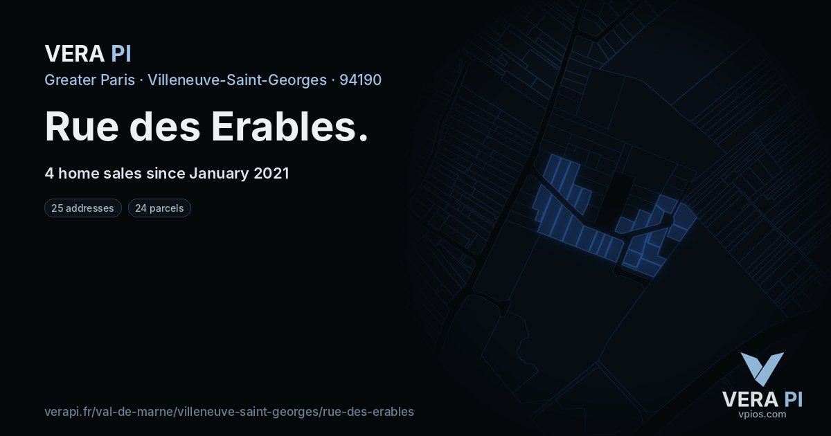 Rue des Erables, Villeneuve-Saint-Georges at night – every parcel coloured by the prices around it, the street's own parcels lit