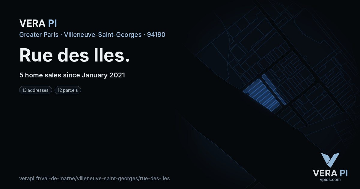 Rue des Iles, Villeneuve-Saint-Georges at night – every parcel coloured by the prices around it, the street's own parcels lit