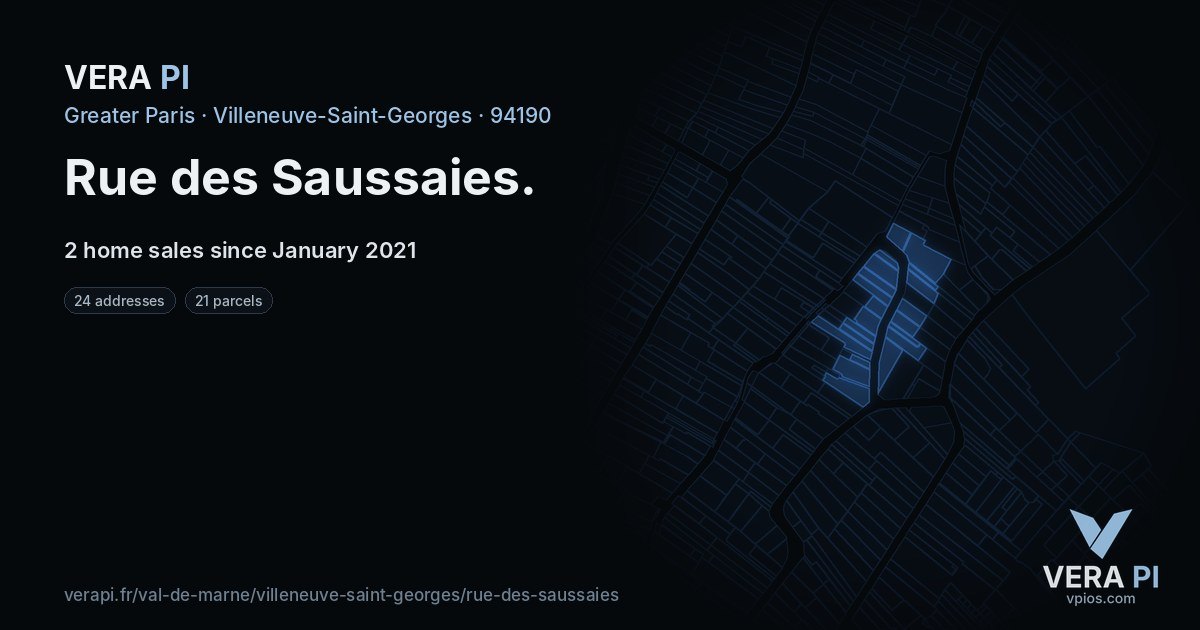 Rue des Saussaies, Villeneuve-Saint-Georges at night – every parcel coloured by the prices around it, the street's own parcels lit