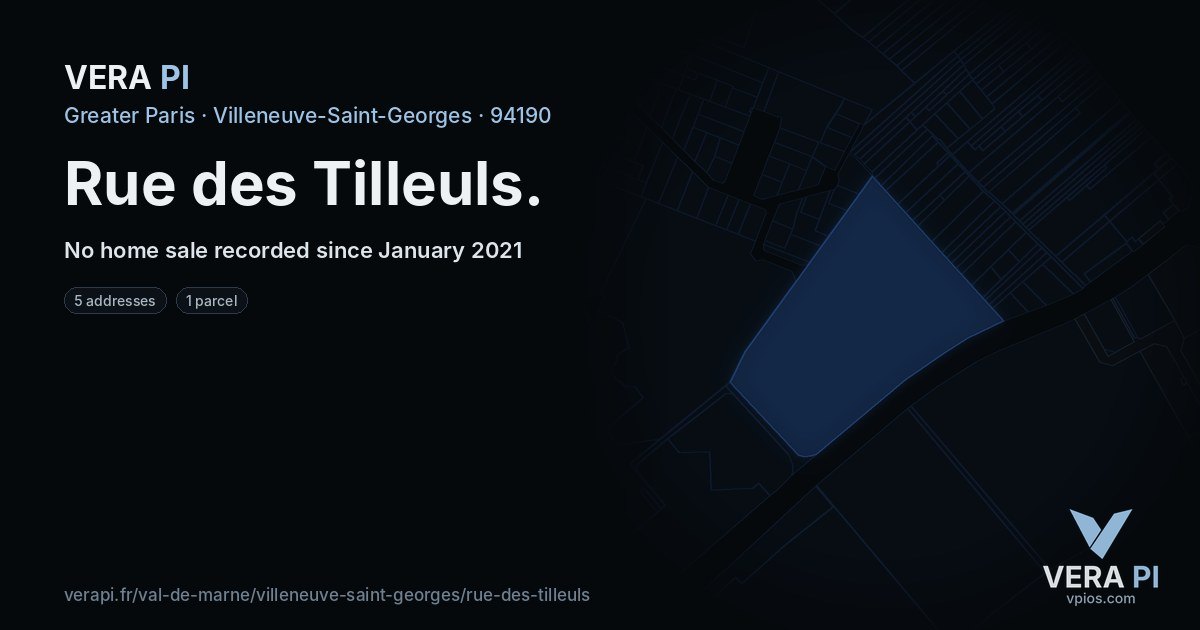 Rue des Tilleuls, Villeneuve-Saint-Georges at night – every parcel coloured by the prices around it, the street's own parcels lit