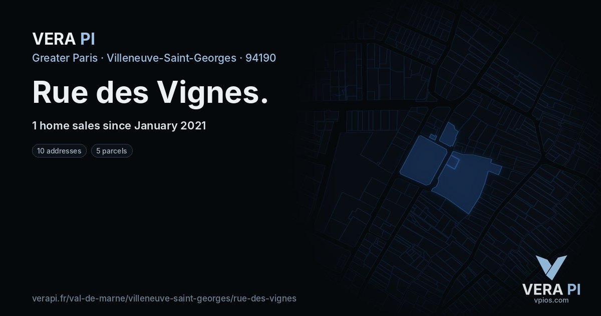 Rue des Vignes, Villeneuve-Saint-Georges at night – every parcel coloured by the prices around it, the street's own parcels lit