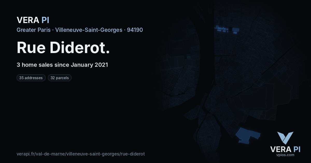Rue Diderot, Villeneuve-Saint-Georges at night – every parcel coloured by the prices around it, the street's own parcels lit