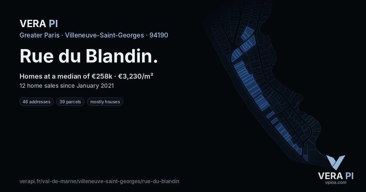 Rue du Blandin, Villeneuve-Saint-Georges at night – every parcel coloured by the prices around it, the street's own parcels lit
