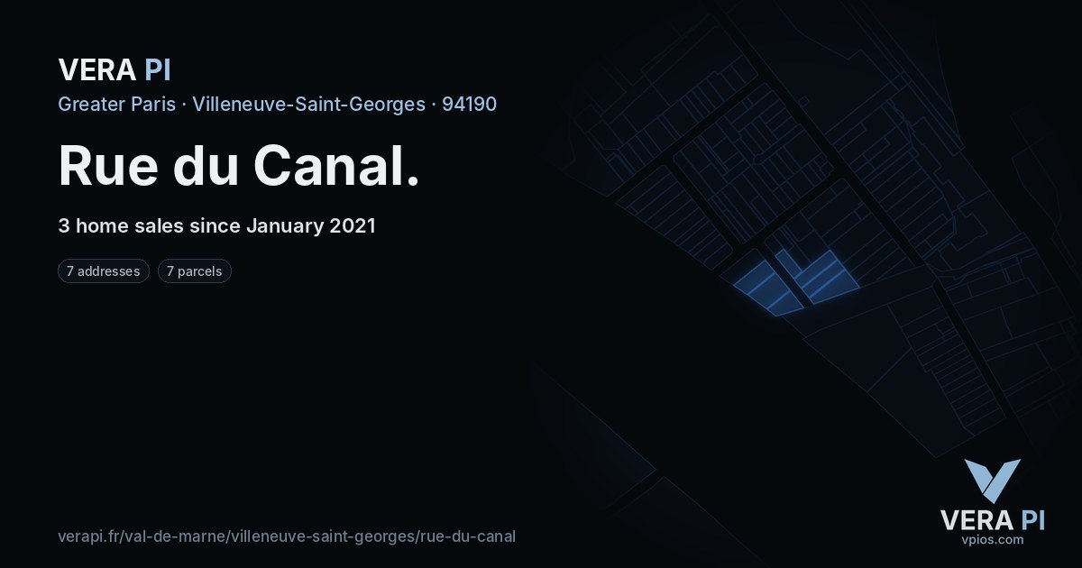 Rue du Canal, Villeneuve-Saint-Georges at night – every parcel coloured by the prices around it, the street's own parcels lit