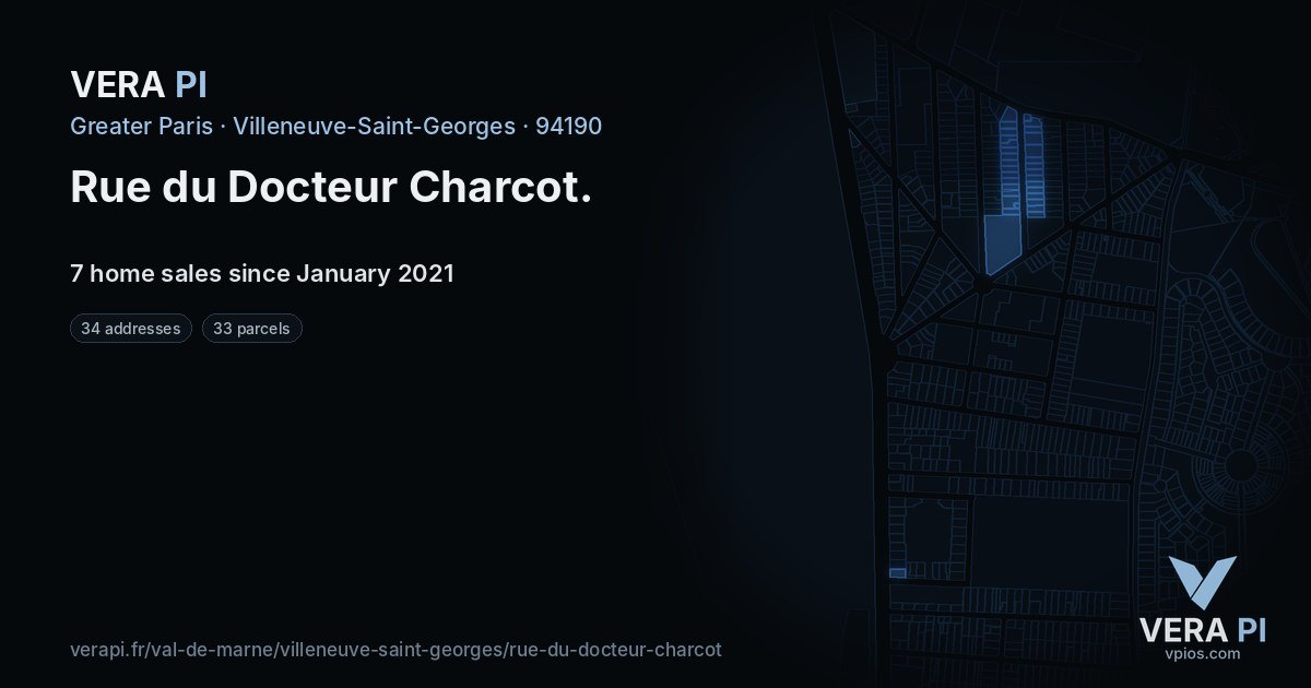 Rue du Docteur Charcot, Villeneuve-Saint-Georges at night – every parcel coloured by the prices around it, the street's own parcels lit