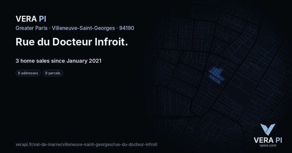 Rue du Docteur Infroit, Villeneuve-Saint-Georges at night – every parcel coloured by the prices around it, the street's own parcels lit