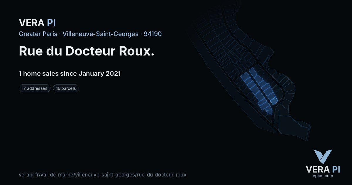 Rue du Docteur Roux, Villeneuve-Saint-Georges at night – every parcel coloured by the prices around it, the street's own parcels lit