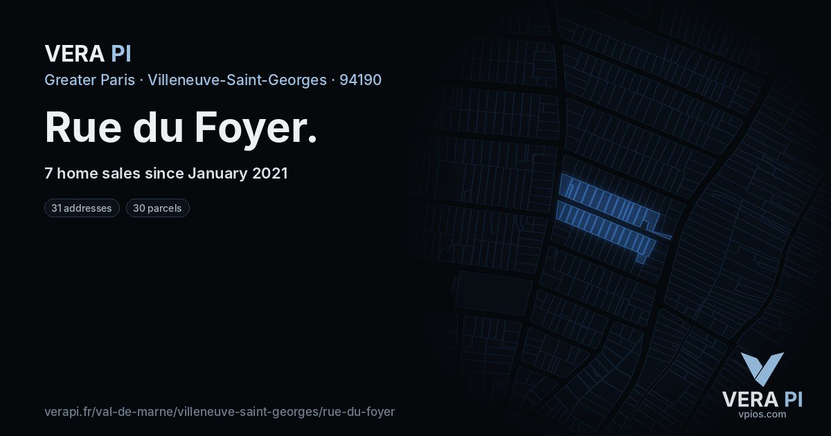 Rue du Foyer, Villeneuve-Saint-Georges at night – every parcel coloured by the prices around it, the street's own parcels lit