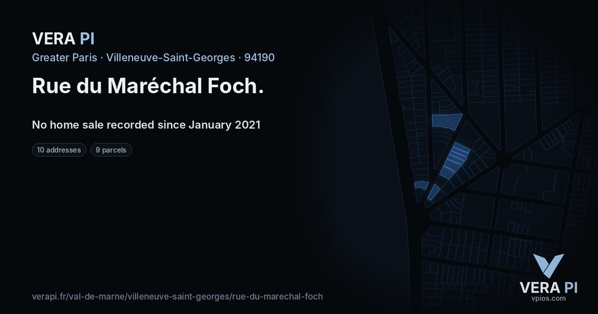 Rue du Maréchal Foch, Villeneuve-Saint-Georges at night – every parcel coloured by the prices around it, the street's own parcels lit
