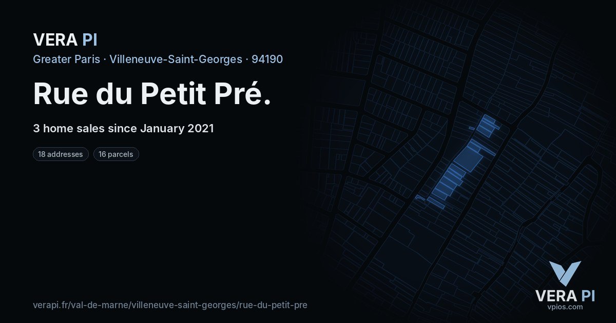 Rue du Petit Pré, Villeneuve-Saint-Georges at night – every parcel coloured by the prices around it, the street's own parcels lit