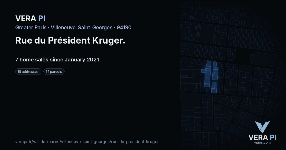 Rue du Président Kruger, Villeneuve-Saint-Georges at night – every parcel coloured by the prices around it, the street's own parcels lit