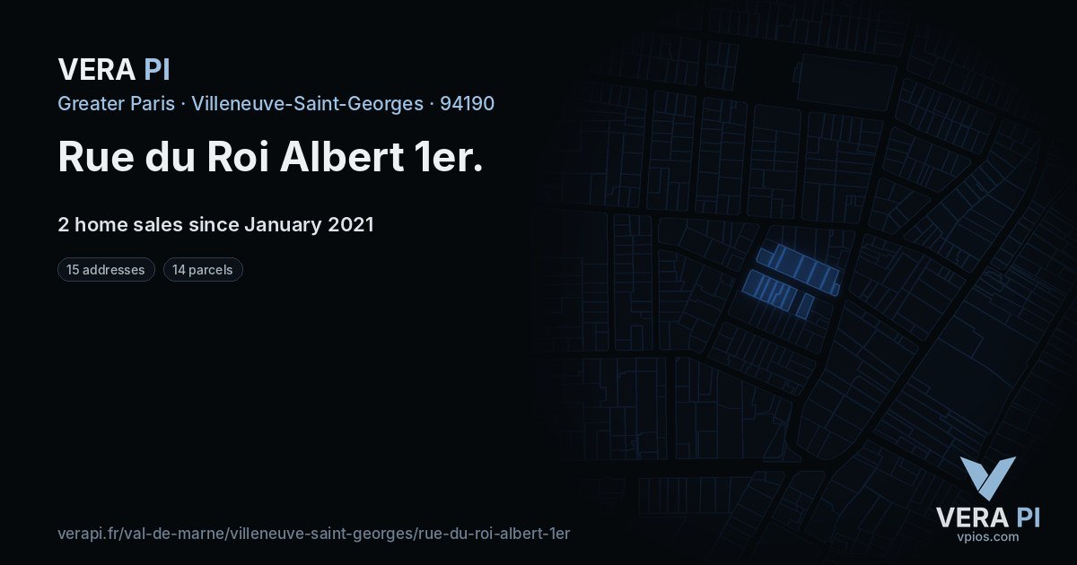 Rue du Roi Albert 1er, Villeneuve-Saint-Georges at night – every parcel coloured by the prices around it, the street's own parcels lit