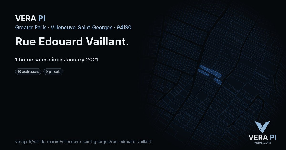 Rue Edouard Vaillant, Villeneuve-Saint-Georges at night – every parcel coloured by the prices around it, the street's own parcels lit