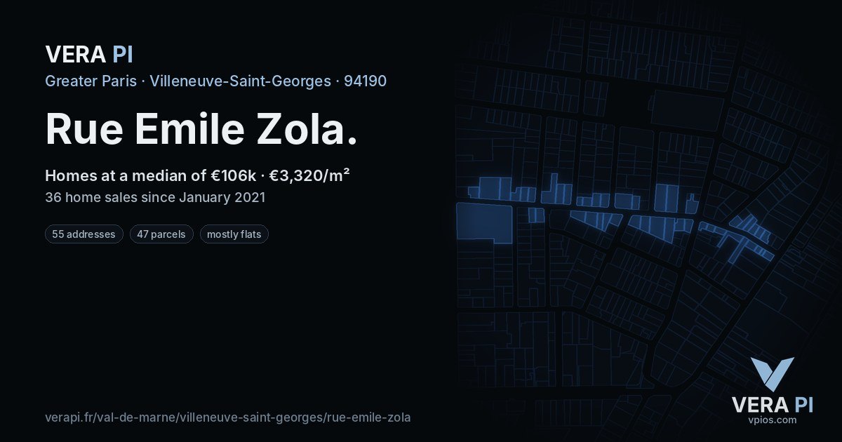 Rue Emile Zola, Villeneuve-Saint-Georges at night – every parcel coloured by the prices around it, the street's own parcels lit