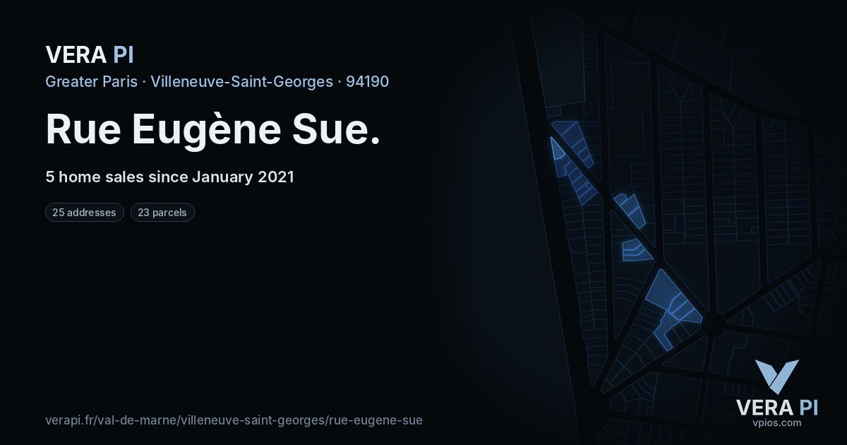 Rue Eugène Sue, Villeneuve-Saint-Georges at night – every parcel coloured by the prices around it, the street's own parcels lit