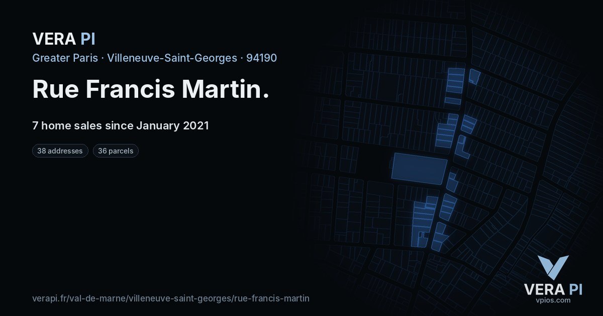 Rue Francis Martin, Villeneuve-Saint-Georges at night – every parcel coloured by the prices around it, the street's own parcels lit