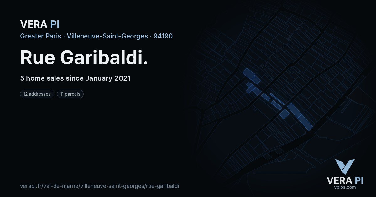 Rue Garibaldi, Villeneuve-Saint-Georges at night – every parcel coloured by the prices around it, the street's own parcels lit