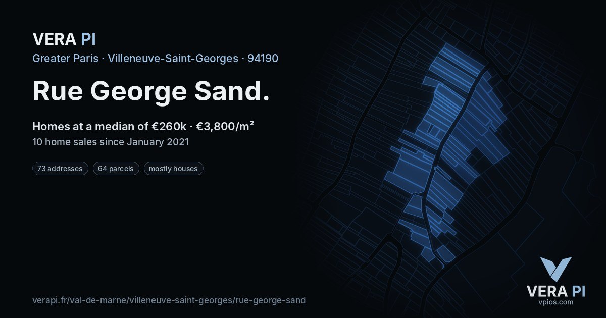 Rue George Sand, Villeneuve-Saint-Georges at night – every parcel coloured by the prices around it, the street's own parcels lit