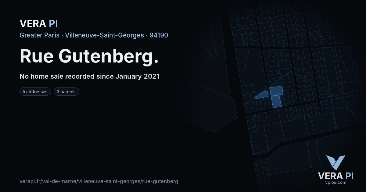 Rue Gutenberg, Villeneuve-Saint-Georges at night – every parcel coloured by the prices around it, the street's own parcels lit