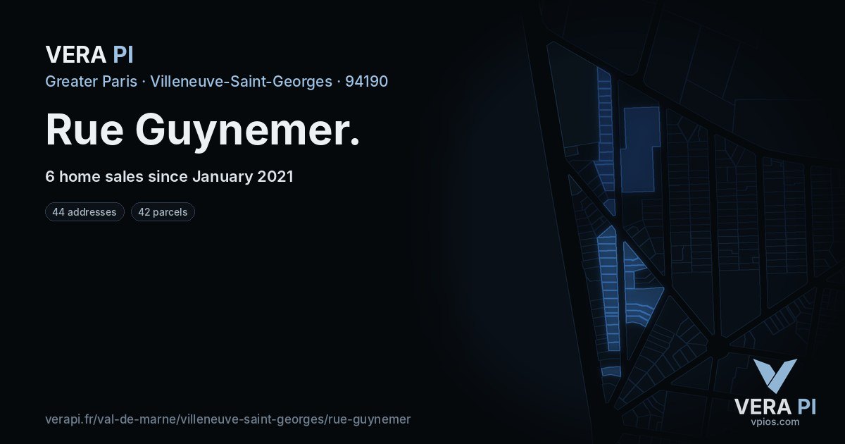 Rue Guynemer, Villeneuve-Saint-Georges at night – every parcel coloured by the prices around it, the street's own parcels lit