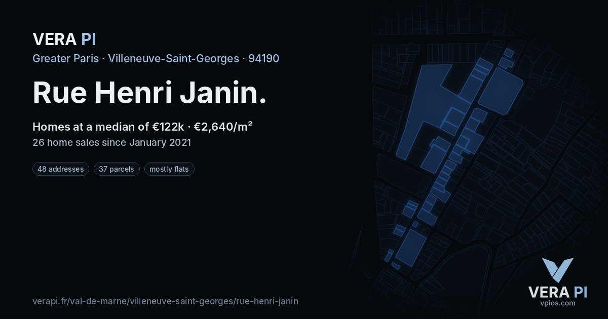 Rue Henri Janin, Villeneuve-Saint-Georges at night – every parcel coloured by the prices around it, the street's own parcels lit
