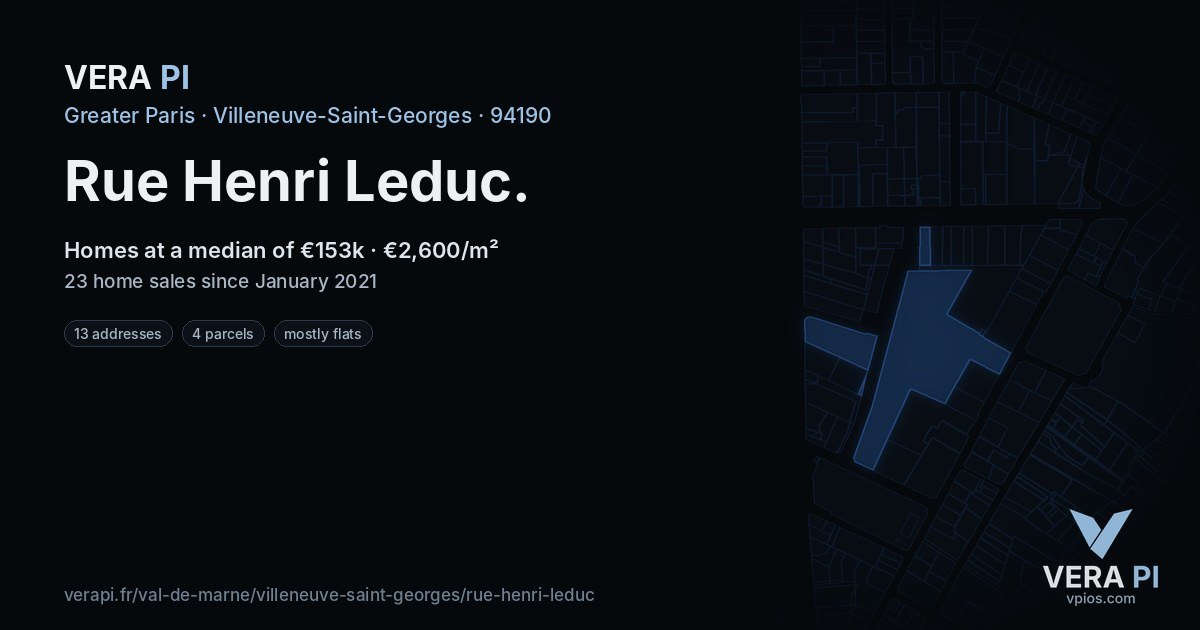 Rue Henri Leduc, Villeneuve-Saint-Georges at night – every parcel coloured by the prices around it, the street's own parcels lit