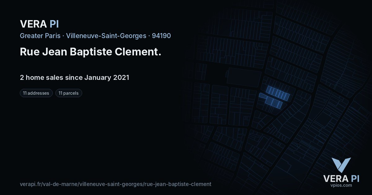 Rue Jean Baptiste Clement, Villeneuve-Saint-Georges at night – every parcel coloured by the prices around it, the street's own parcels lit