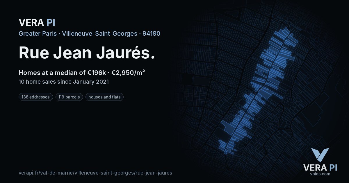 Rue Jean Jaurés, Villeneuve-Saint-Georges at night – every parcel coloured by the prices around it, the street's own parcels lit