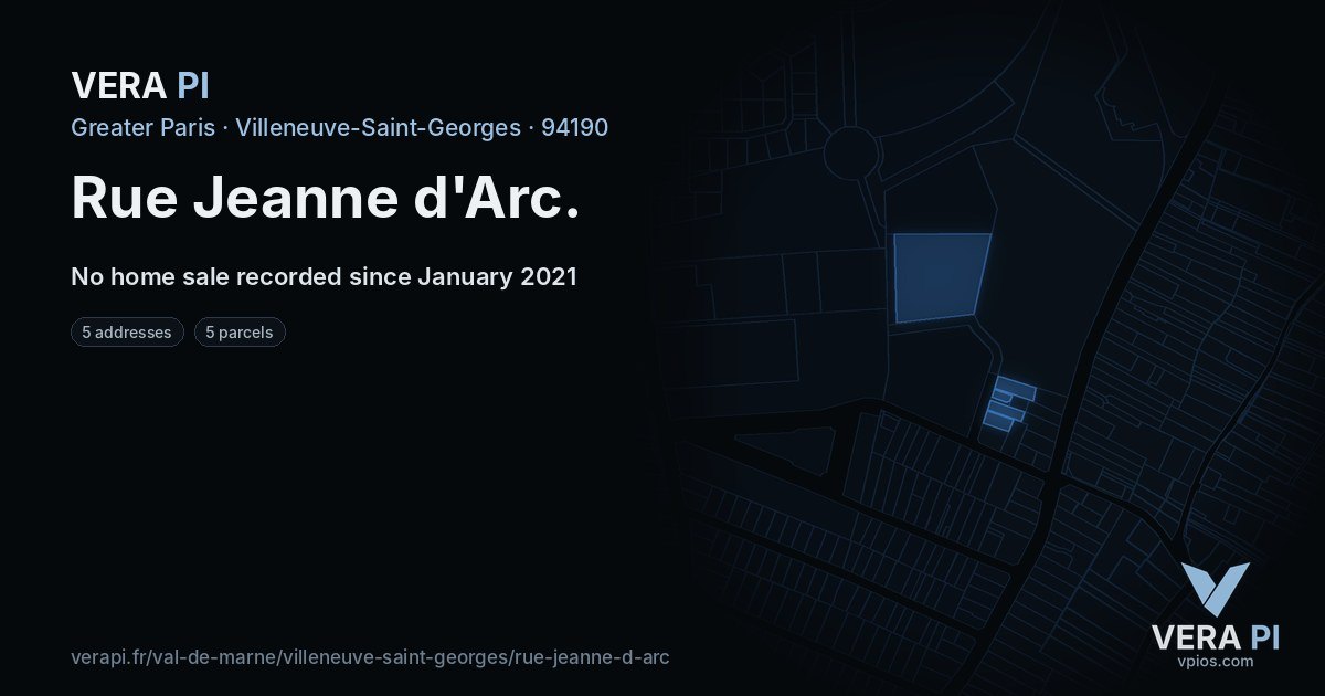 Rue Jeanne d'Arc, Villeneuve-Saint-Georges at night – every parcel coloured by the prices around it, the street's own parcels lit