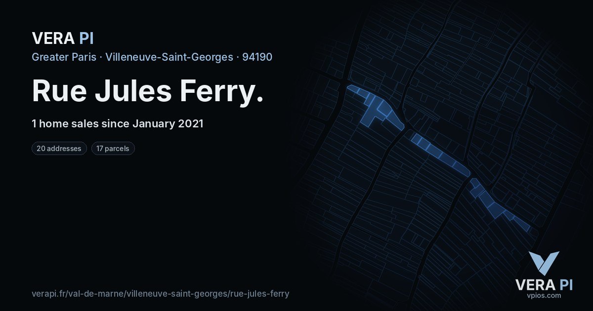 Rue Jules Ferry, Villeneuve-Saint-Georges at night – every parcel coloured by the prices around it, the street's own parcels lit