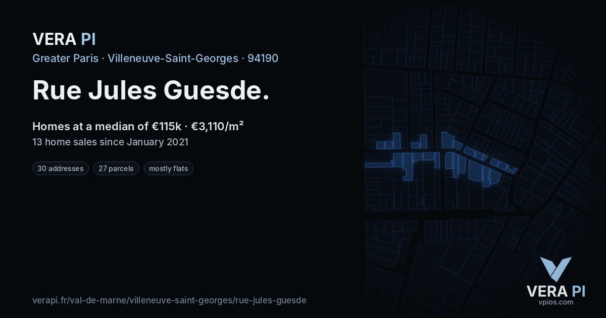 Rue Jules Guesde, Villeneuve-Saint-Georges at night – every parcel coloured by the prices around it, the street's own parcels lit