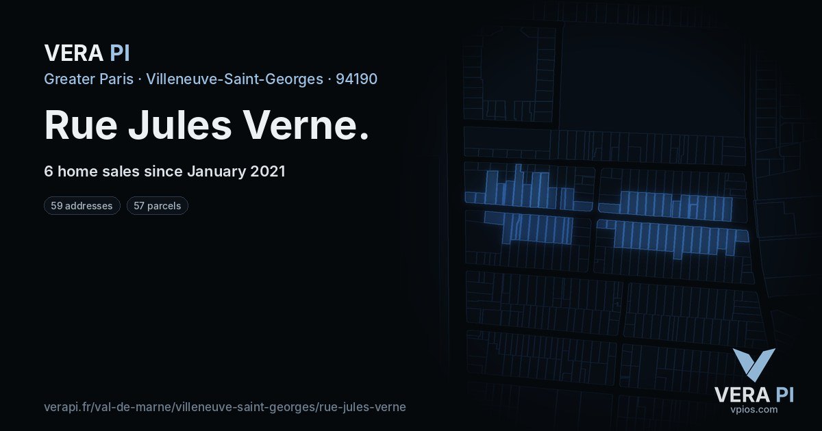 Rue Jules Verne, Villeneuve-Saint-Georges at night – every parcel coloured by the prices around it, the street's own parcels lit