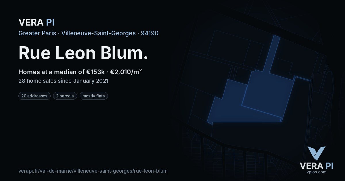 Rue Leon Blum, Villeneuve-Saint-Georges at night – every parcel coloured by the prices around it, the street's own parcels lit