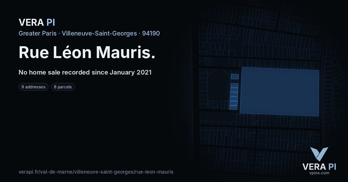 Rue Léon Mauris, Villeneuve-Saint-Georges at night – every parcel coloured by the prices around it, the street's own parcels lit