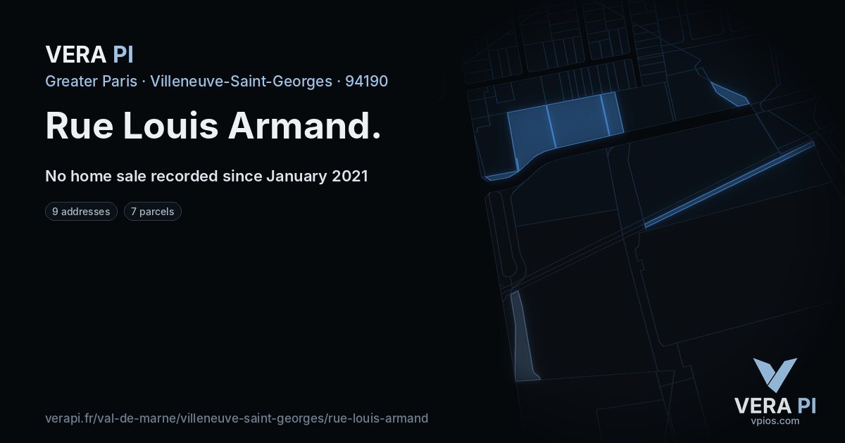 Rue Louis Armand, Villeneuve-Saint-Georges at night – every parcel coloured by the prices around it, the street's own parcels lit